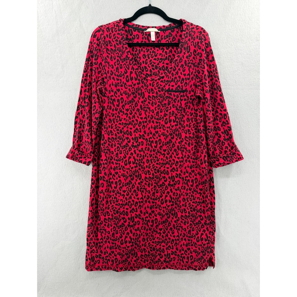 SOMA Nightgown Size M Red Leopard Print 3/4 Cuffed Sleeve Soft Mob Wife Bold